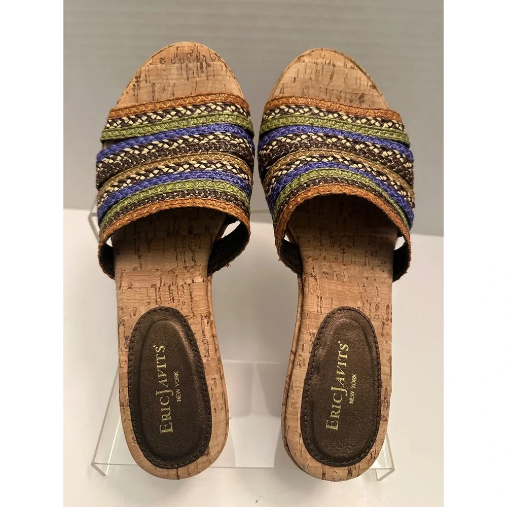 Eric Javits Multi Color Woven Cork Wedge Sandals Slides Brown Green Blue